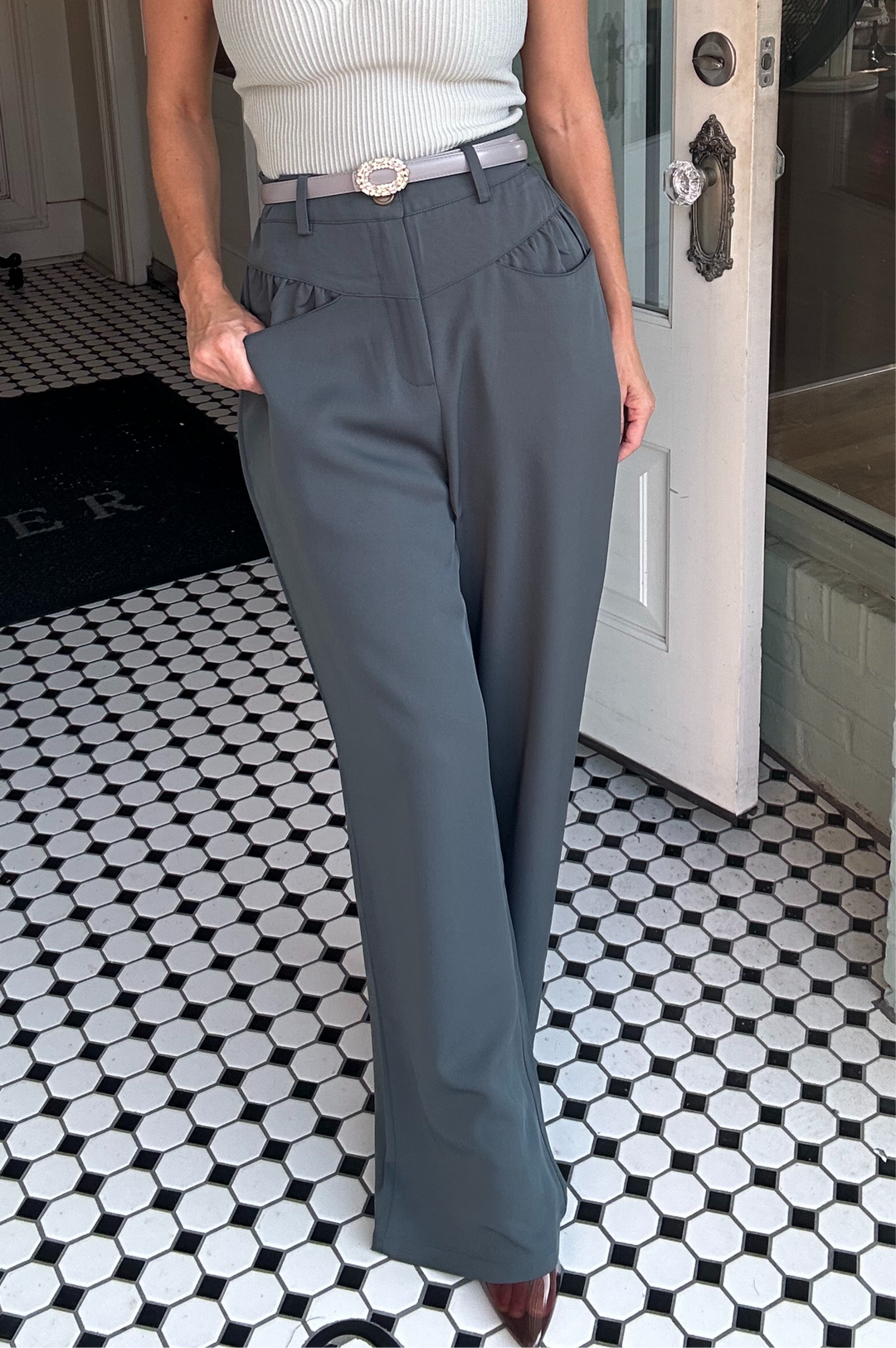 Leanna Twill Girdle Pocket Wide Pants-Pants-Allie Rose-Shop with Bloom West Boutique, Women's Fashion Boutique, Located in Houma, Louisiana