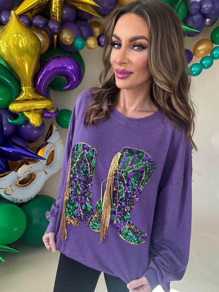 Nemesis Fringed Mardi Gras Boots Sequin Pullover-Graphic Sweaters-Bibi-Shop with Bloom West Boutique, Women's Fashion Boutique, Located in Houma, Louisiana