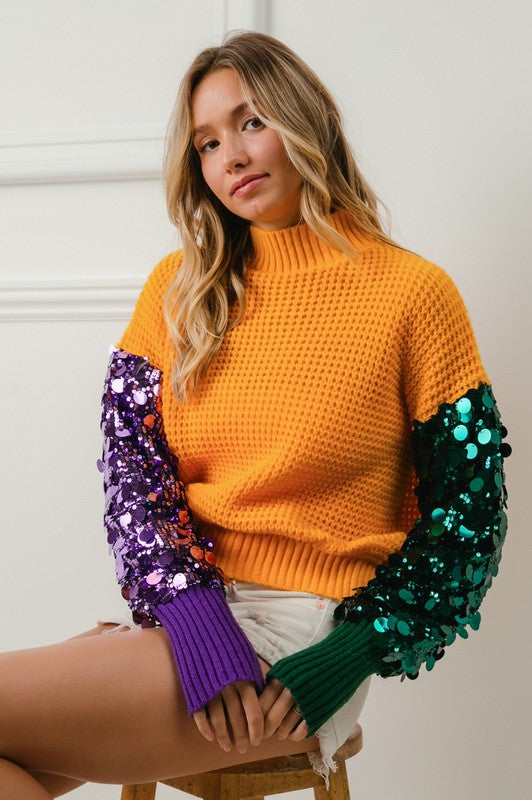 Krewe Spangled Sleeve Mardi Gras Color Block Sweater-Sweaters-Bibi-Shop with Bloom West Boutique, Women's Fashion Boutique, Located in Houma, Louisiana