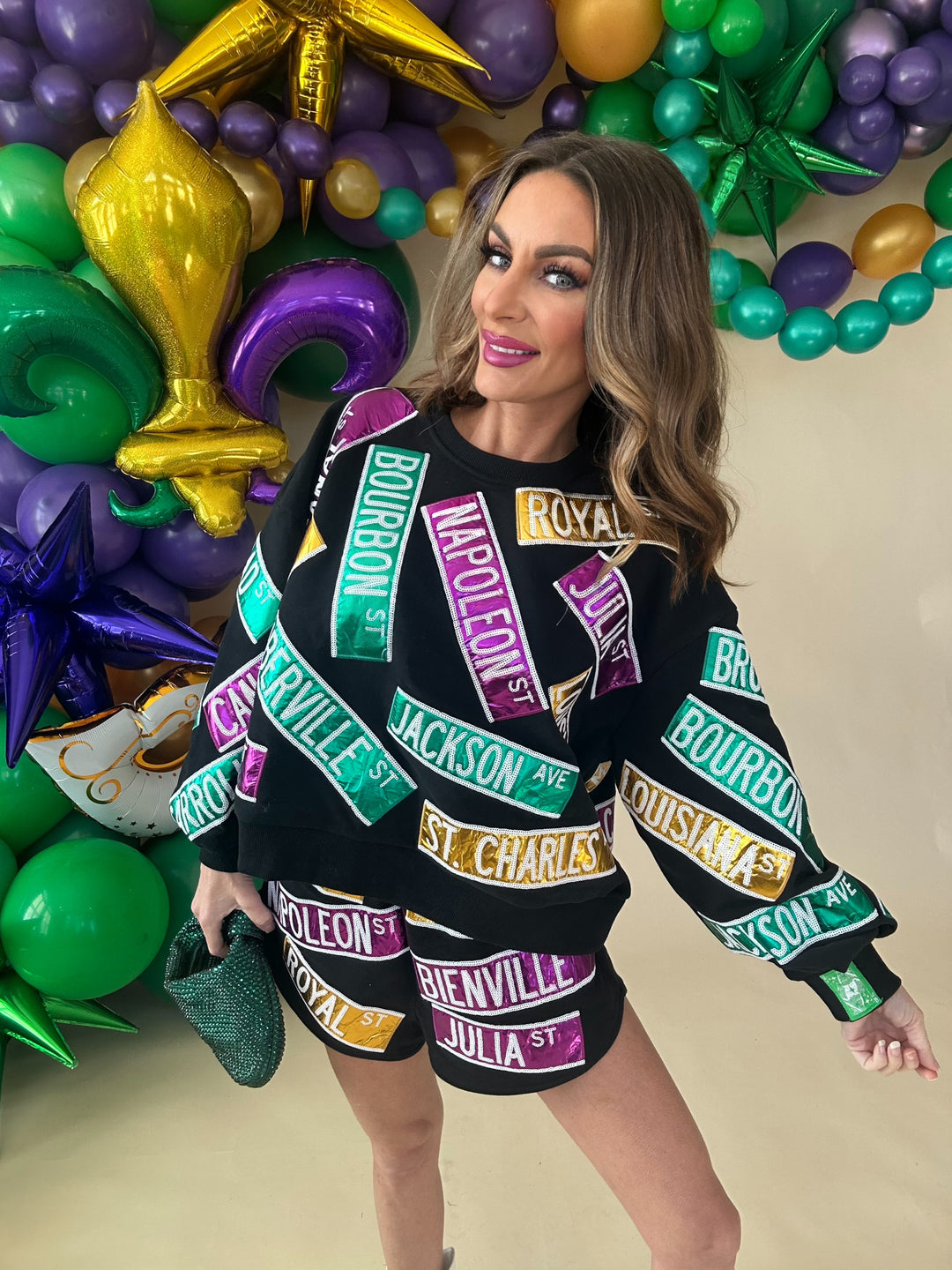 Queen of Sparkles Black Metallic Nola Street Signs Mardi Sweatshirt-QOS Tops-Queen Of Sparkles-Shop with Bloom West Boutique, Women's Fashion Boutique, Located in Houma, Louisiana