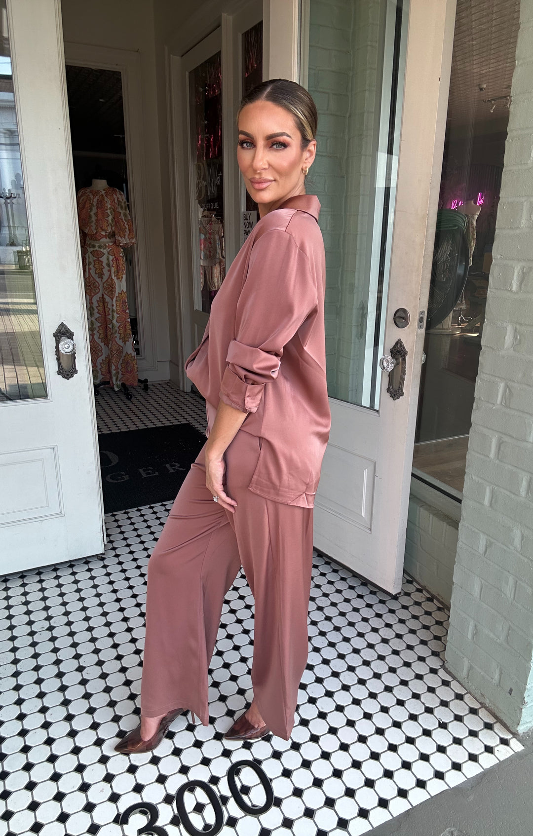 Archer Satin Button Down and Pants Set-Outfits-dress forum-Shop with Bloom West Boutique, Women's Fashion Boutique, Located in Houma, Louisiana