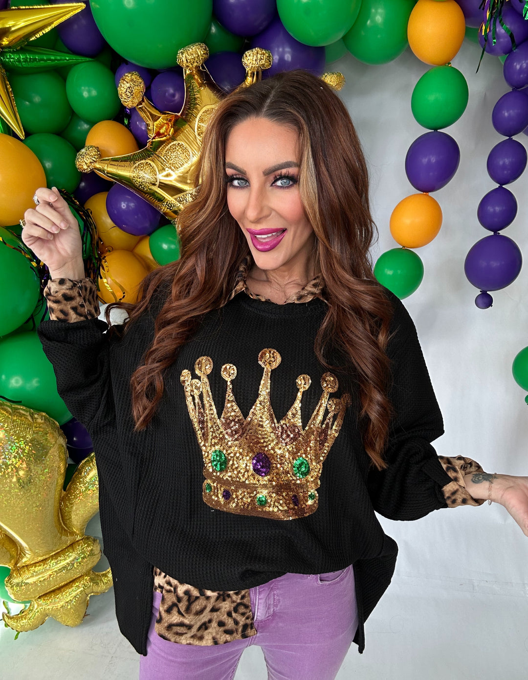 Crown Sequin Embroidery Mardi Gras Sweatshirt Top-Tops-Bibi-Shop with Bloom West Boutique, Women's Fashion Boutique, Located in Houma, Louisiana