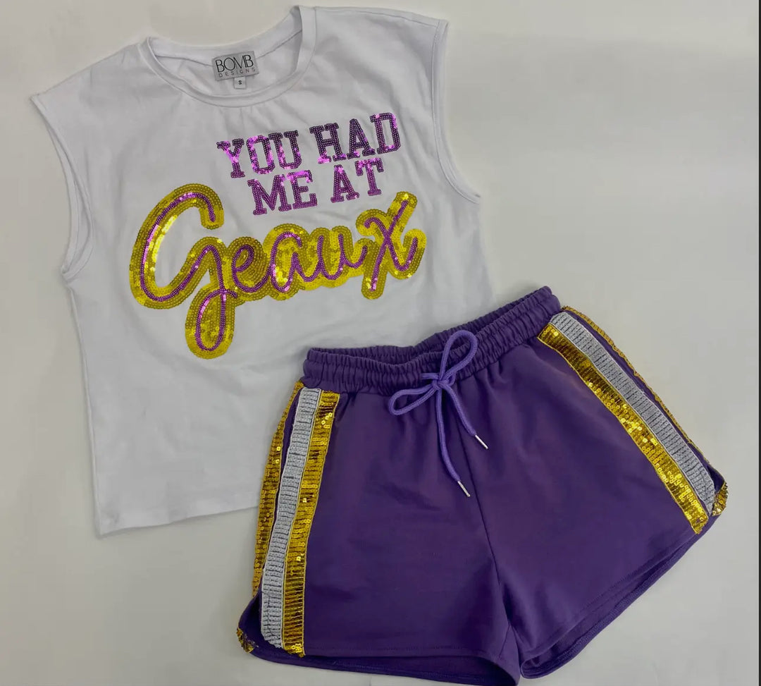 You Had Me At Geaux Sequin Shorts-Shorts-Bomb Designs-Shop with Bloom West Boutique, Women's Fashion Boutique, Located in Houma, Louisiana