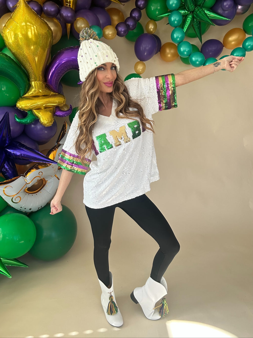 Mardi Gras Mambo Sequin V-Neck Top-Graphic Tees-Bibi-Shop with Bloom West Boutique, Women's Fashion Boutique, Located in Houma, Louisiana