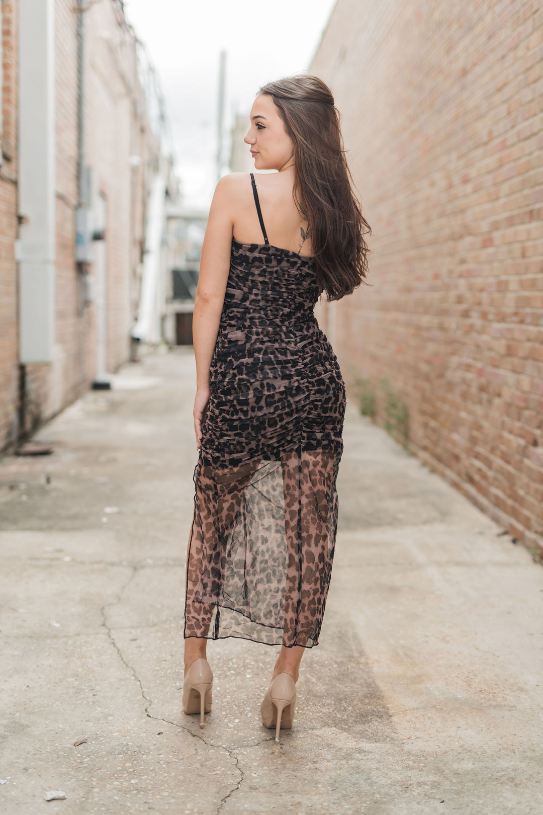 Cheetah Print Ruched Mesh Asymmetrical Midi Dress-Dresses-Endless Rose-Shop with Bloom West Boutique, Women's Fashion Boutique, Located in Houma, Louisiana