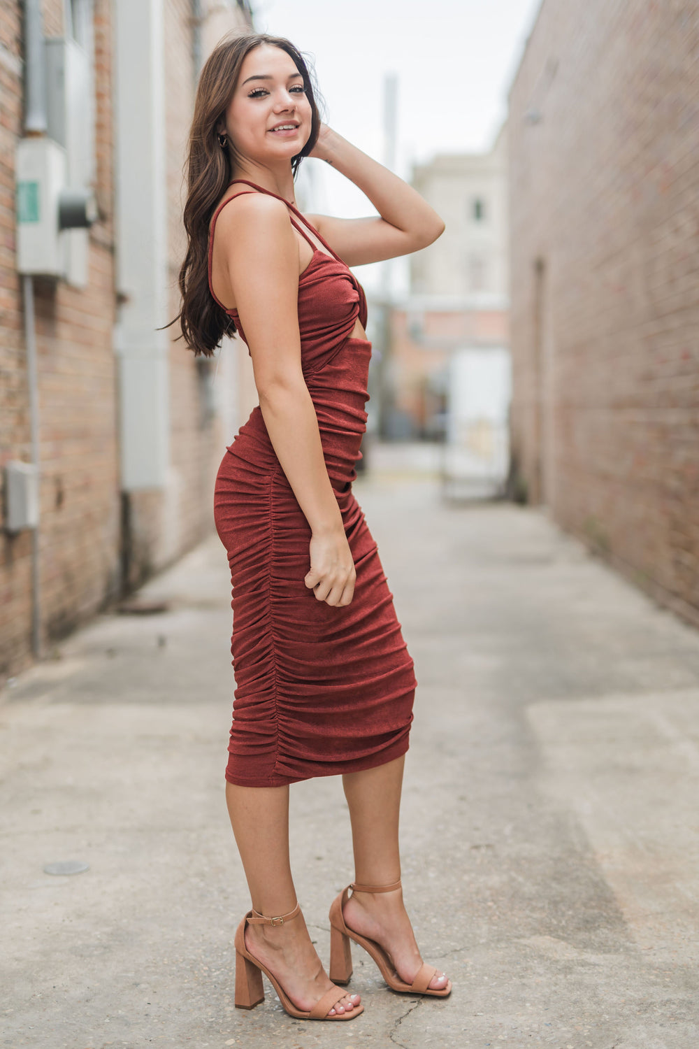 Pixie Midi Spaghetti Cut Out Dress Brick-Dresses-Bloom West Boutique-Shop with Bloom West Boutique, Women's Fashion Boutique, Located in Houma, Louisiana