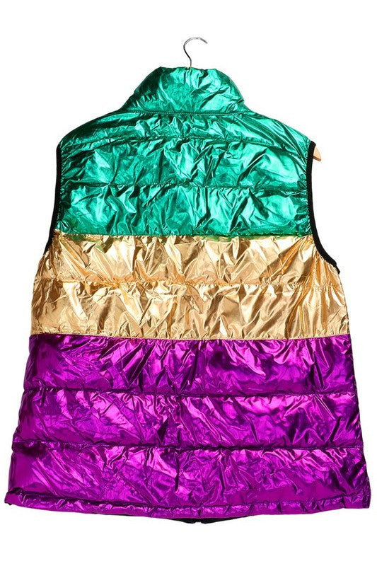 Mardi Gras Color Block Puffer Vest-Jackets-Wona Trading-Shop with Bloom West Boutique, Women's Fashion Boutique, Located in Houma, Louisiana