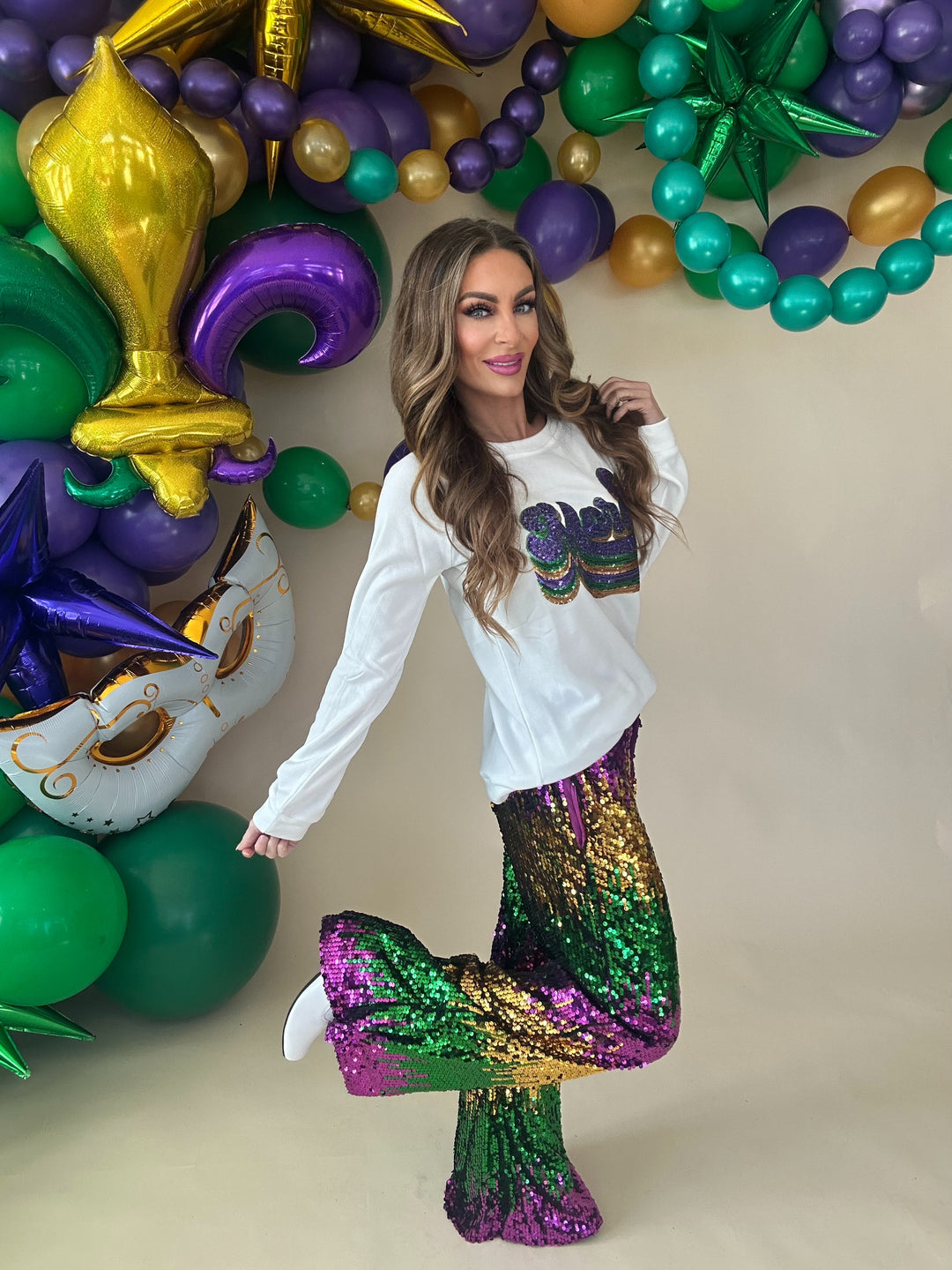 Mardi Gras Sequin Wide Leg Pants-Pants-Bibi-Shop with Bloom West Boutique, Women's Fashion Boutique, Located in Houma, Louisiana