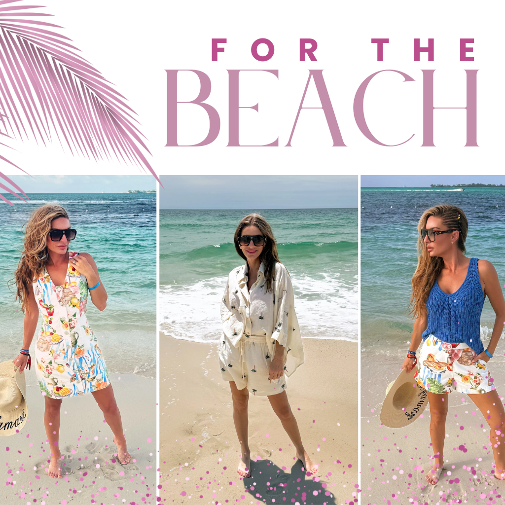 Three women on a beach with text 'For the Beach' and palm leaf designs | Bloom West Boutique | Houma, LA