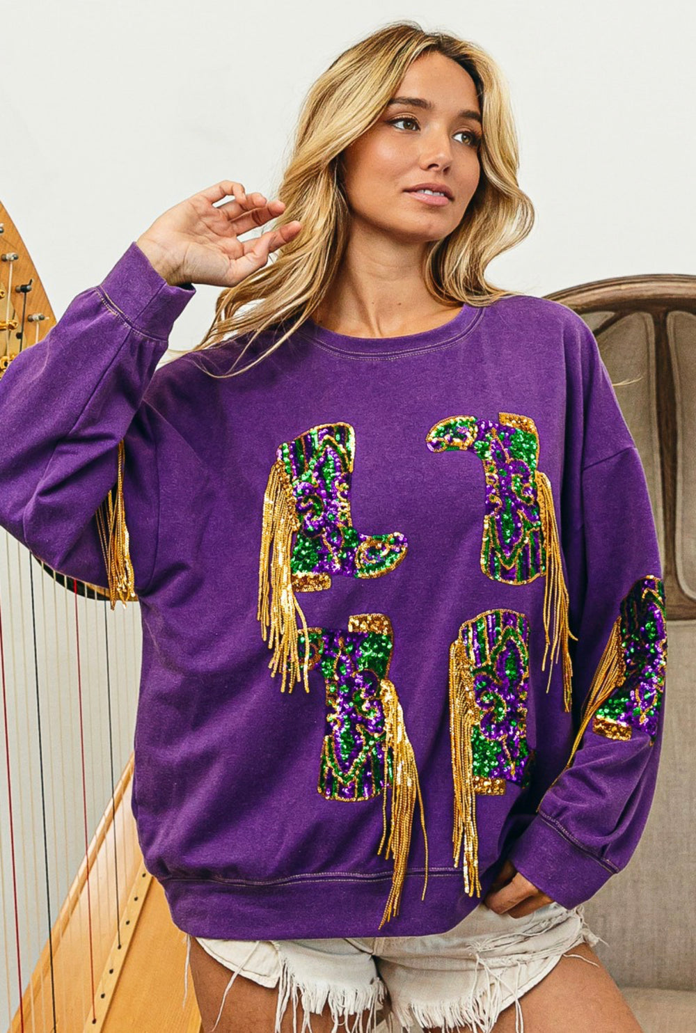 Nemesis Fringed Mardi Gras Boots Sequin Pullover-Graphic Sweaters-Bibi-Shop with Bloom West Boutique, Women's Fashion Boutique, Located in Houma, Louisiana