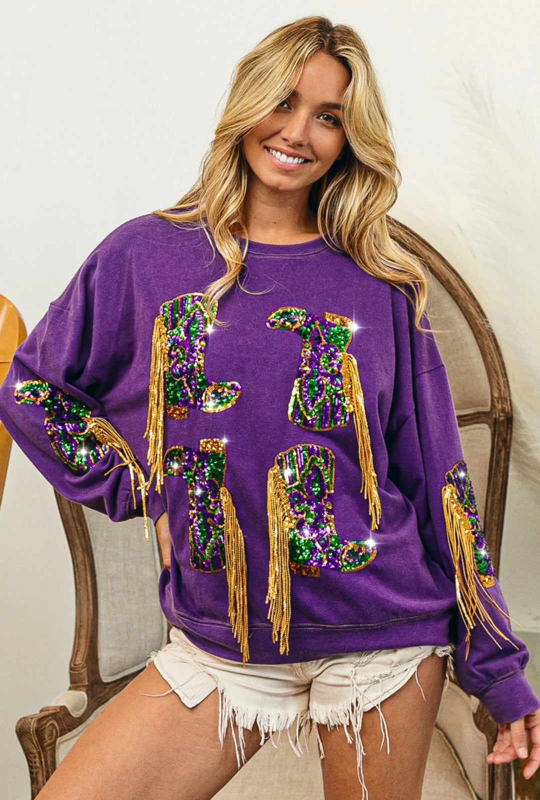 Nemesis Fringed Mardi Gras Boots Sequin Pullover-Graphic Sweaters-Bibi-Shop with Bloom West Boutique, Women's Fashion Boutique, Located in Houma, Louisiana