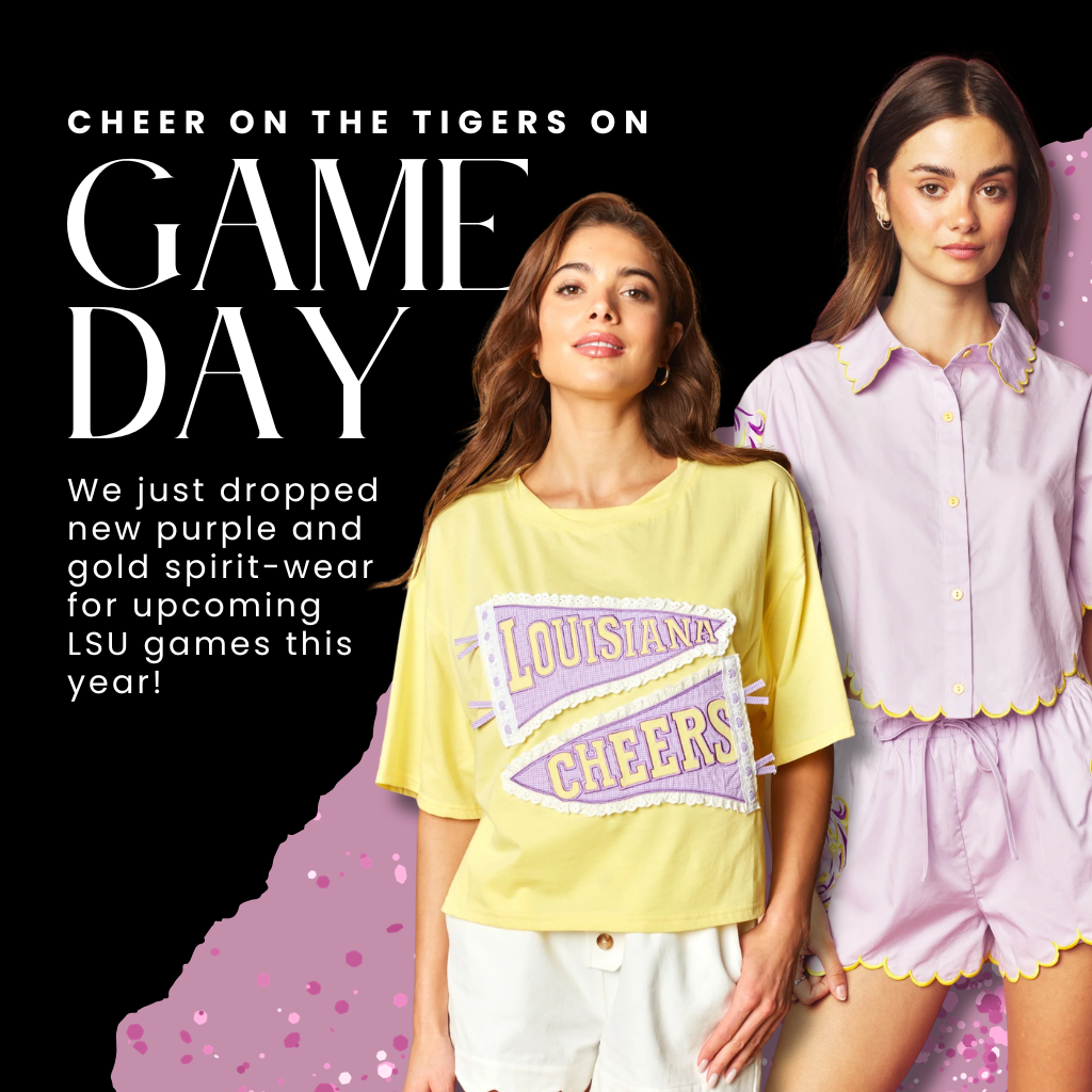 Two women wearing LSU-themed clothing with promotional text on a black background | Bloom West Boutique | Houma, LA