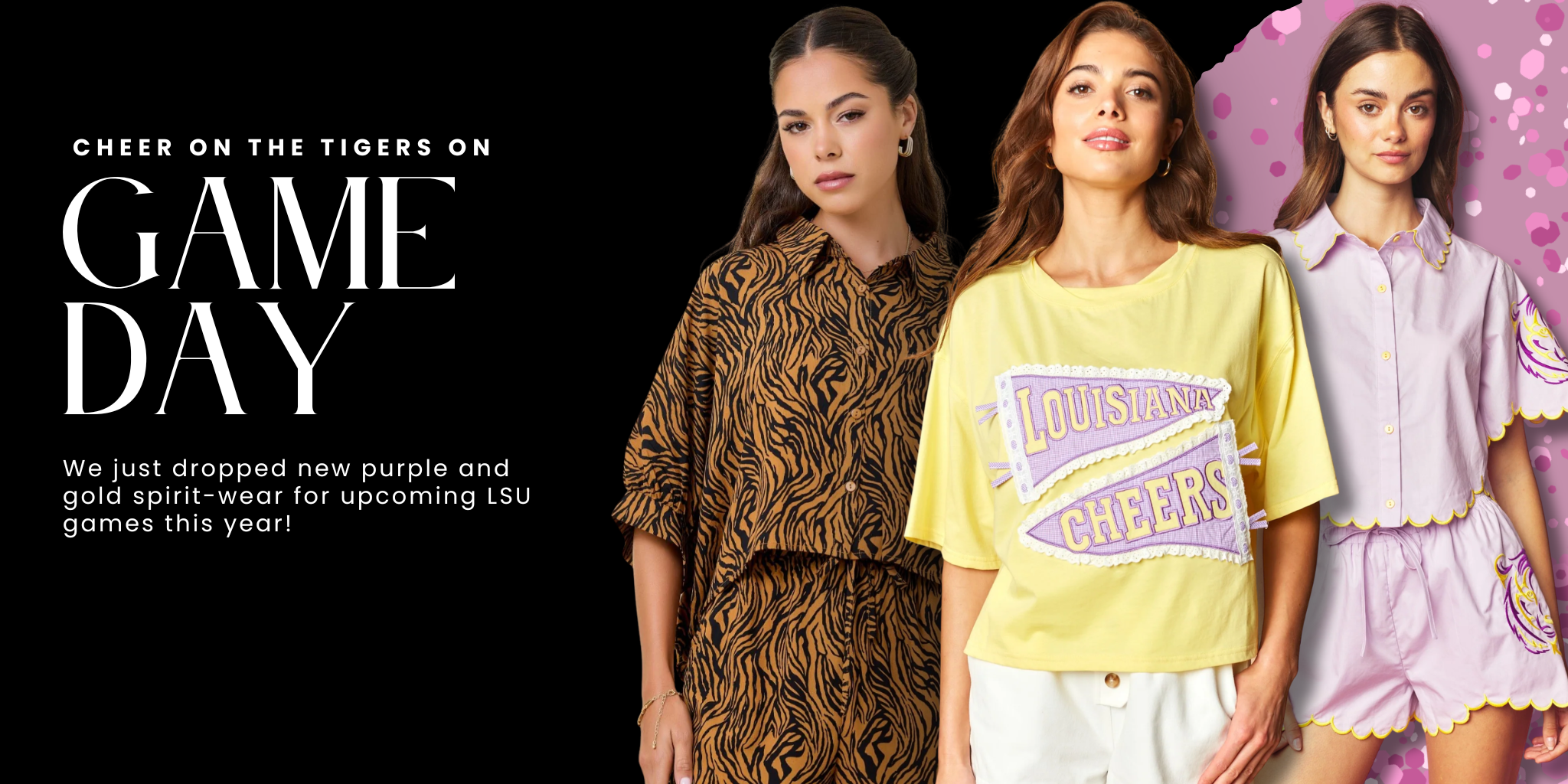 Three women wearing LSU-themed clothing with promotional text on a black background | Bloom West Boutique | Houma, LA