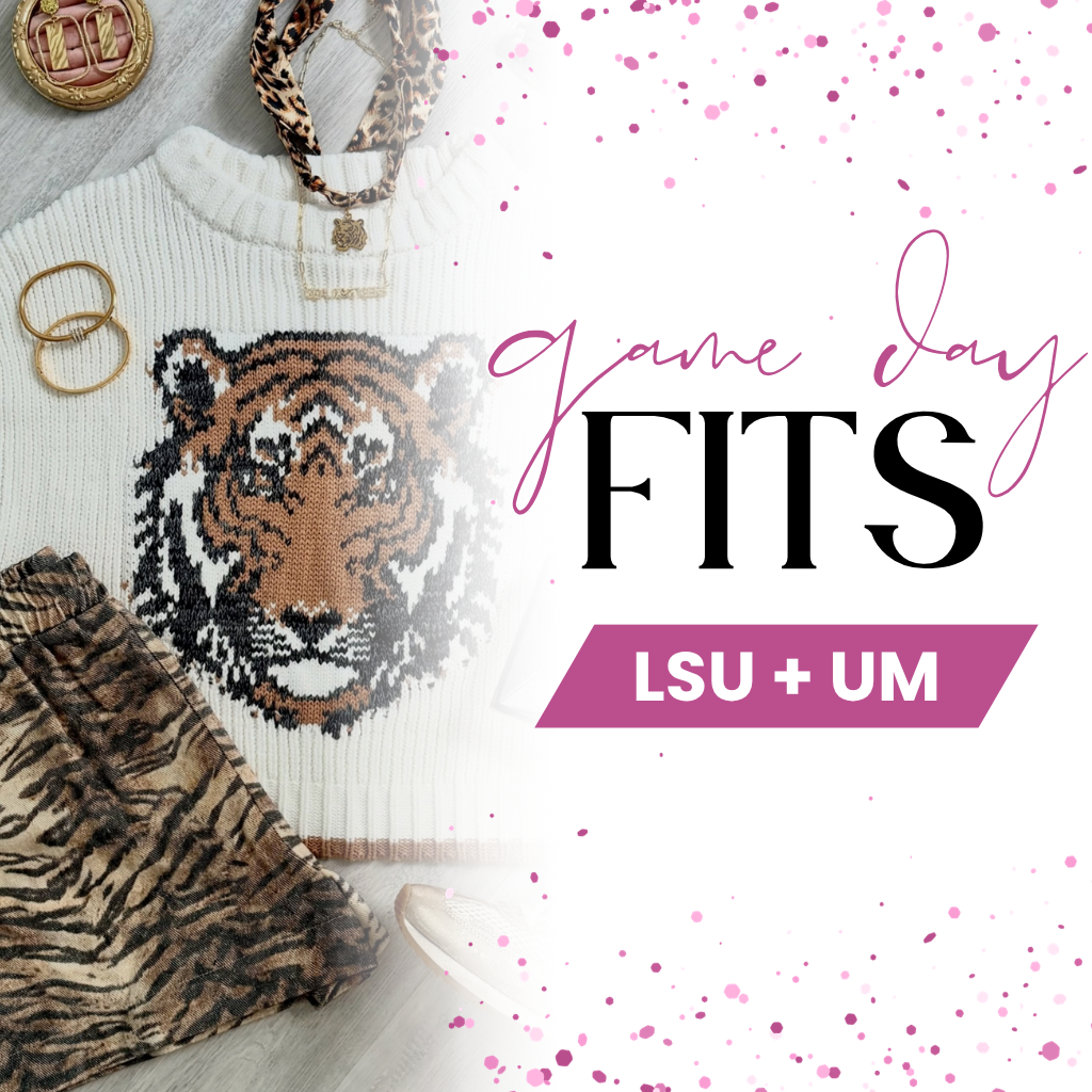Promotional graphic for 'Game Day FITS LSU + UM' featuring a flat lay of apparel and accessories on a white background with pink accents | Bloom West Boutique | Houma, LA