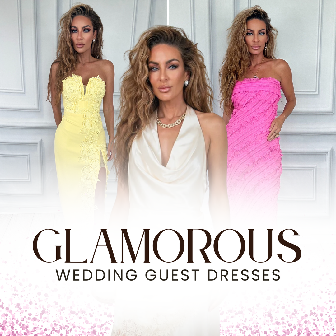 Three women wearing glamorous wedding guest dresses with the text 'Glamorous Wedding Guest Dresses' | Bloom West Boutique | Houma, LA