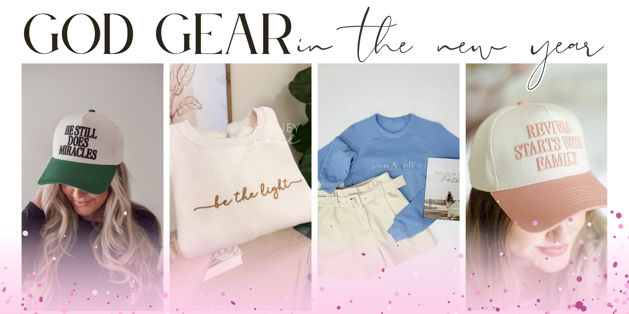 Collage of 'GOD GEAR' merchandise including hats, a pillow, and sweatshirt with motivational phrases | Bloom West Boutique | Houma, LA