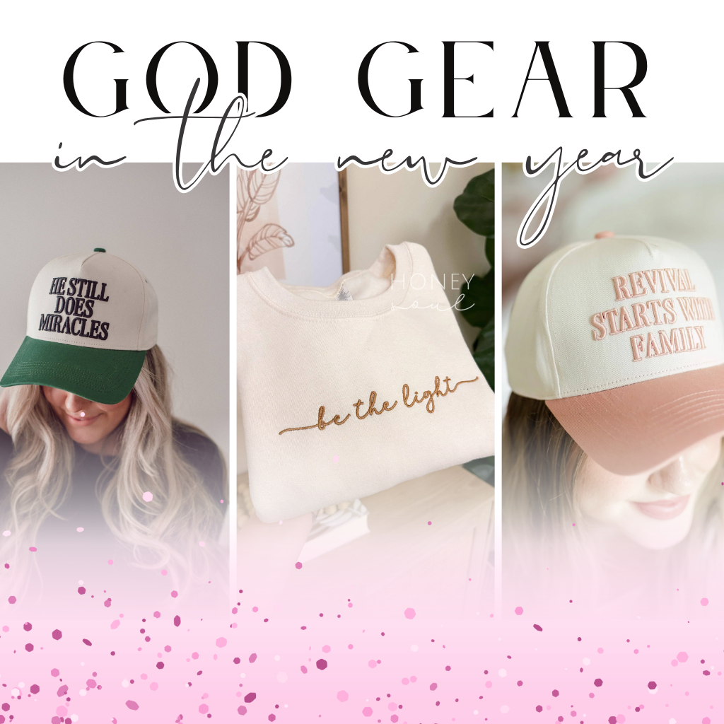 Collage of 'GOD GEAR' merchandise including hats, a pillow, and sweatshirt with motivational phrases | Bloom West Boutique | Houma, LA
