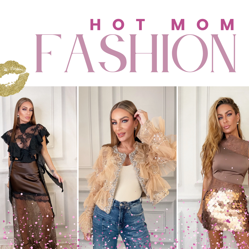 A promotional collage for 'Hot Mom Fashion' featuring a woman modeling a beige ruffled embellished jacket over a cream top and blue jeans, alongside other fashion looks. The right side displays the text 'HOT MOM FASHION' in pink on a white background with gold lip prints and pink confetti | Bloom West Boutique | Houma, LA