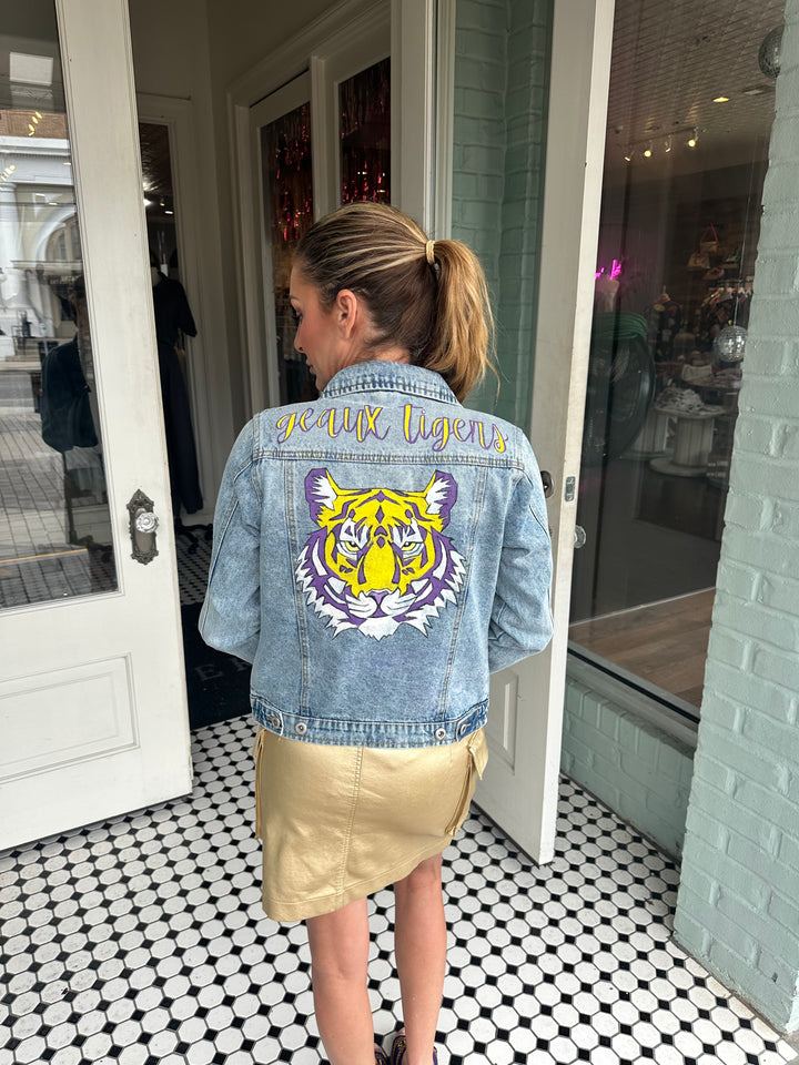 Geaux Tigers Hand Painted Denim Jacket-Jackets-Bloom West Boutique-Shop with Bloom West Boutique, Women's Fashion Boutique, Located in Houma, Louisiana