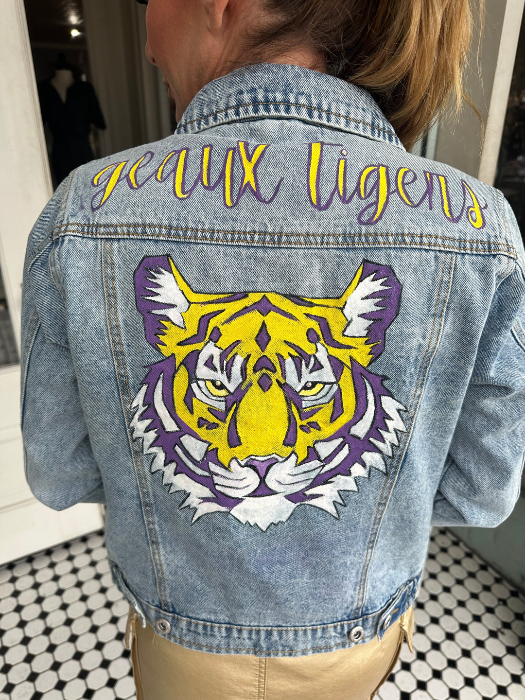 Geaux Tigers Hand Painted Denim Jacket-Jackets-Bloom West Boutique-Shop with Bloom West Boutique, Women's Fashion Boutique, Located in Houma, Louisiana