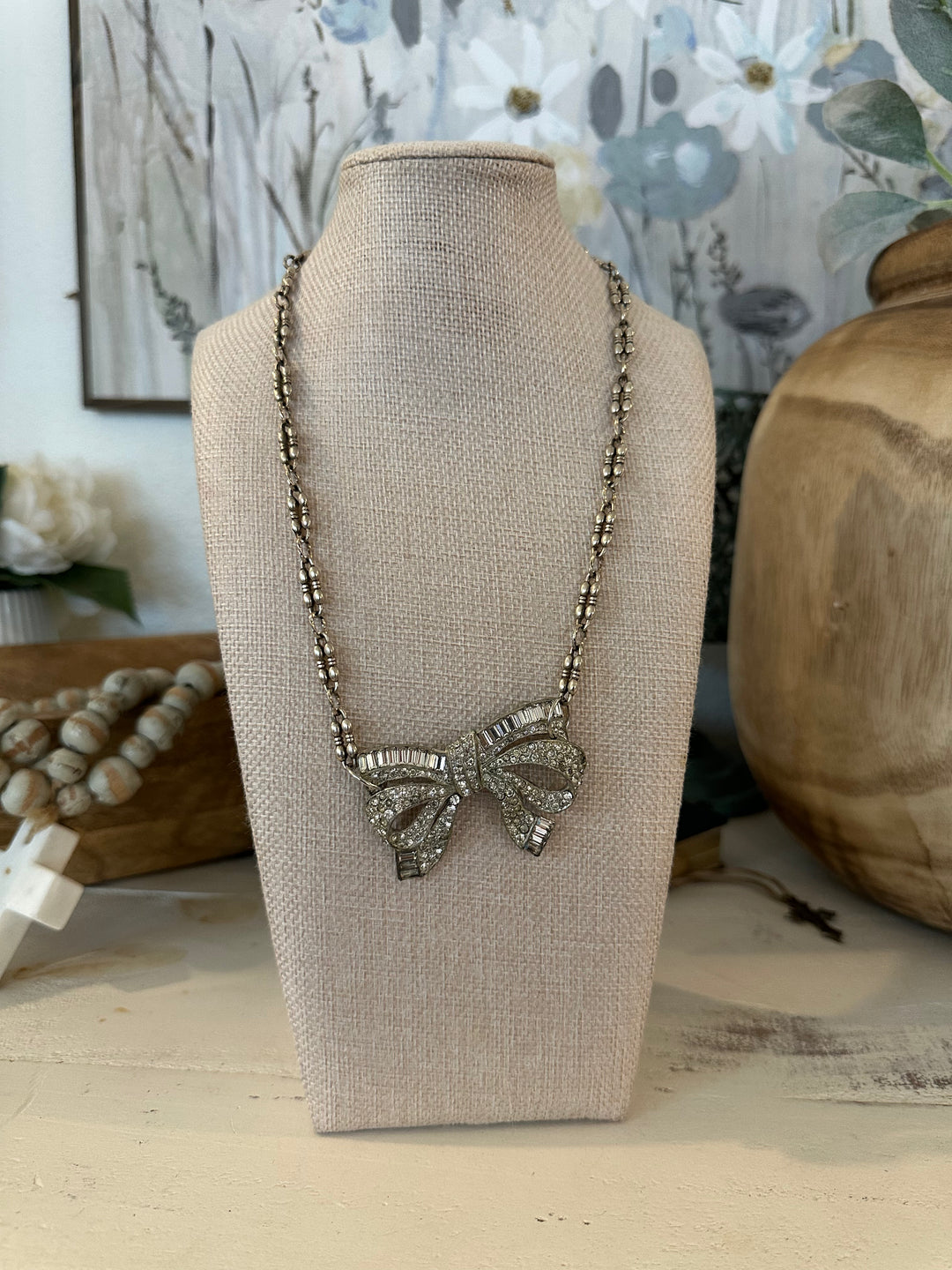 Vintage Sterling Plated Chain With Vintage Rhinestone Bow Broach-Jewelry-Erin Knight Designs-Shop with Bloom West Boutique, Women's Fashion Boutique, Located in Houma, Louisiana