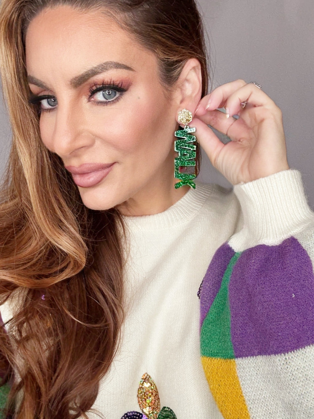 Side Walk Side Mardi Gras Glitter Earrings-Earrings-Maggie G-Shop with Bloom West Boutique, Women's Fashion Boutique, Located in Houma, Louisiana