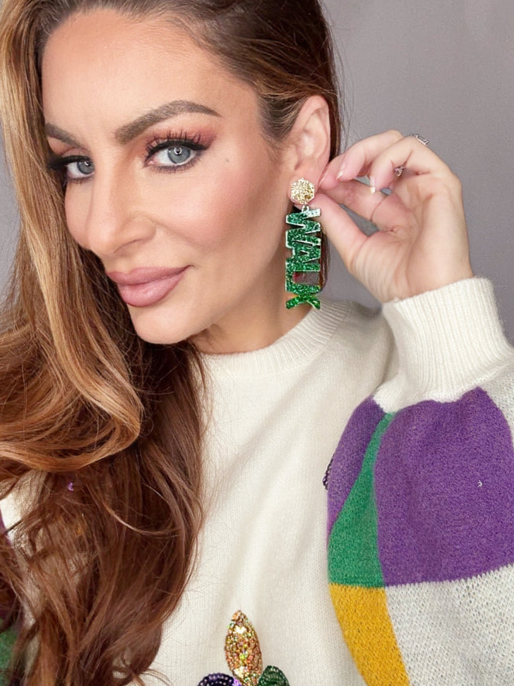Side Walk Side Mardi Gras Glitter Earrings-Earrings-Maggie G-Shop with Bloom West Boutique, Women's Fashion Boutique, Located in Houma, Louisiana