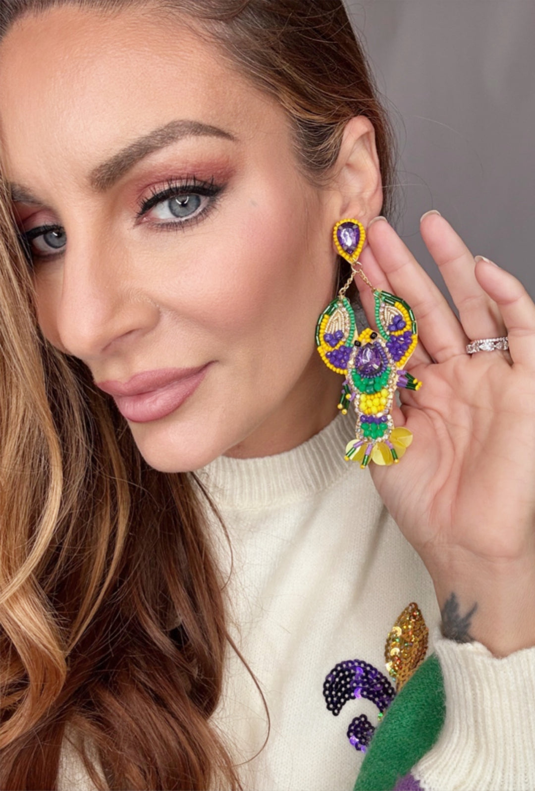 Mardi Gras Bead and Rhinestone Crawfish Earrings-Earrings-SongLily-Shop with Bloom West Boutique, Women's Fashion Boutique, Located in Houma, Louisiana