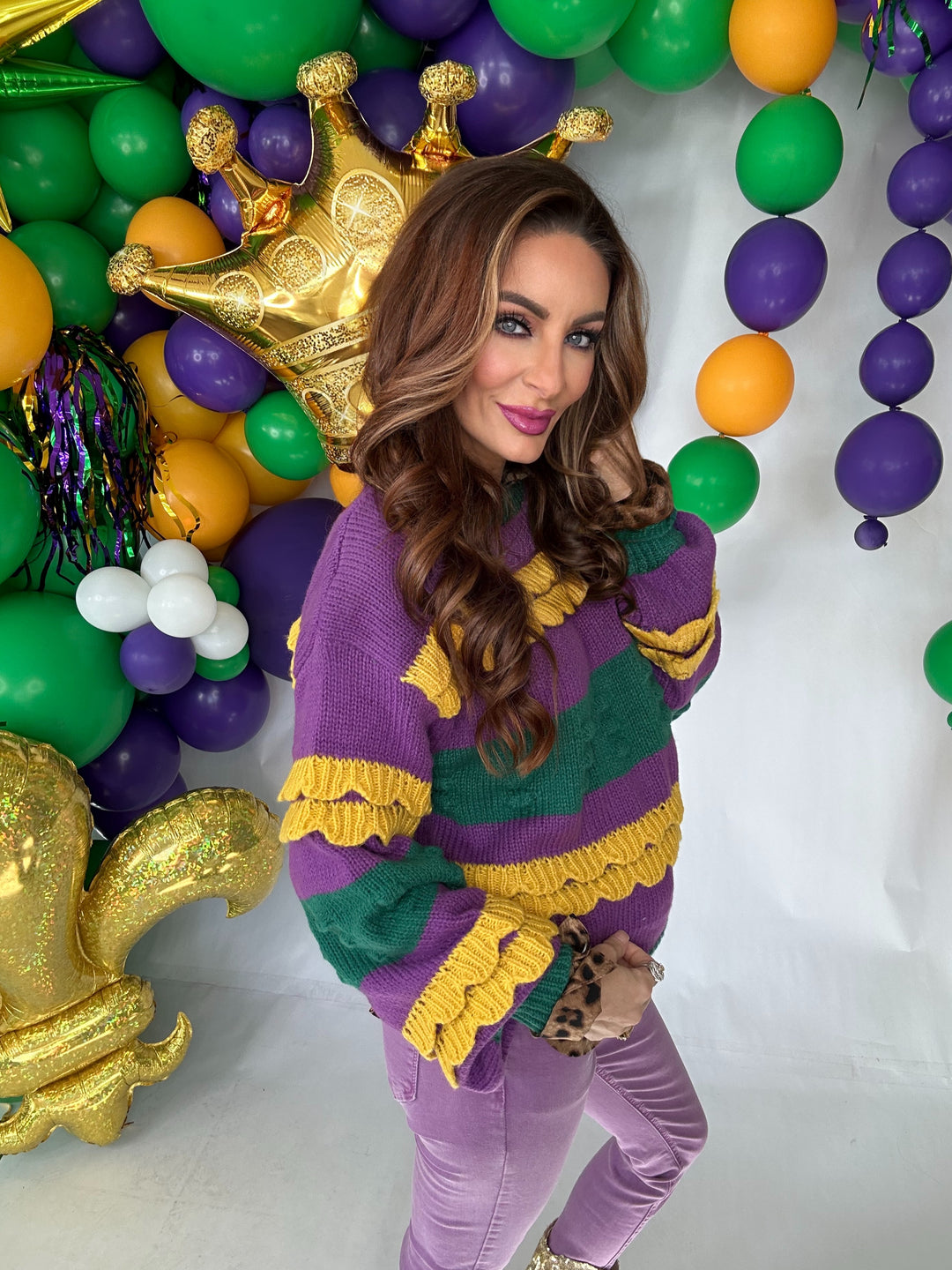 Mardi Gras Ruffled Puff Sweater-Sweaters-LovLov-Shop with Bloom West Boutique, Women's Fashion Boutique, Located in Houma, Louisiana
