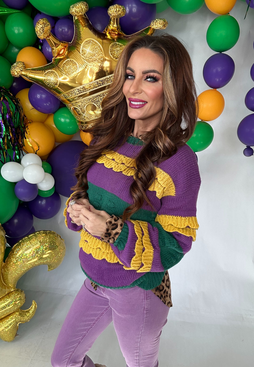 Mardi Gras Ruffled Puff Sweater-Sweaters-LovLov-Shop with Bloom West Boutique, Women's Fashion Boutique, Located in Houma, Louisiana