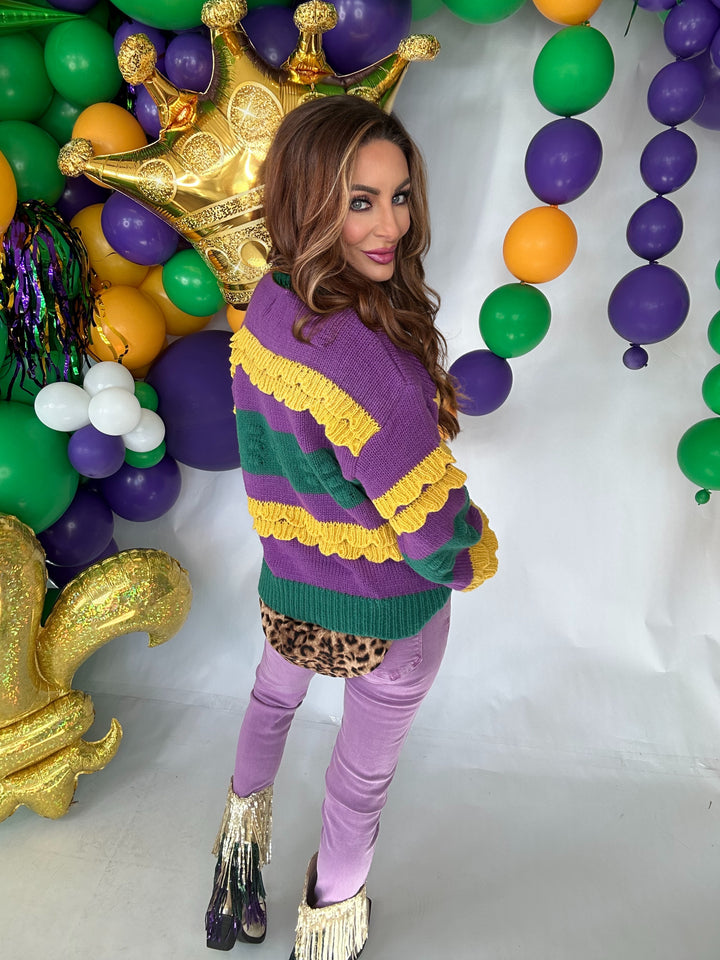 Mardi Gras Ruffled Puff Sweater-Sweaters-LovLov-Shop with Bloom West Boutique, Women's Fashion Boutique, Located in Houma, Louisiana