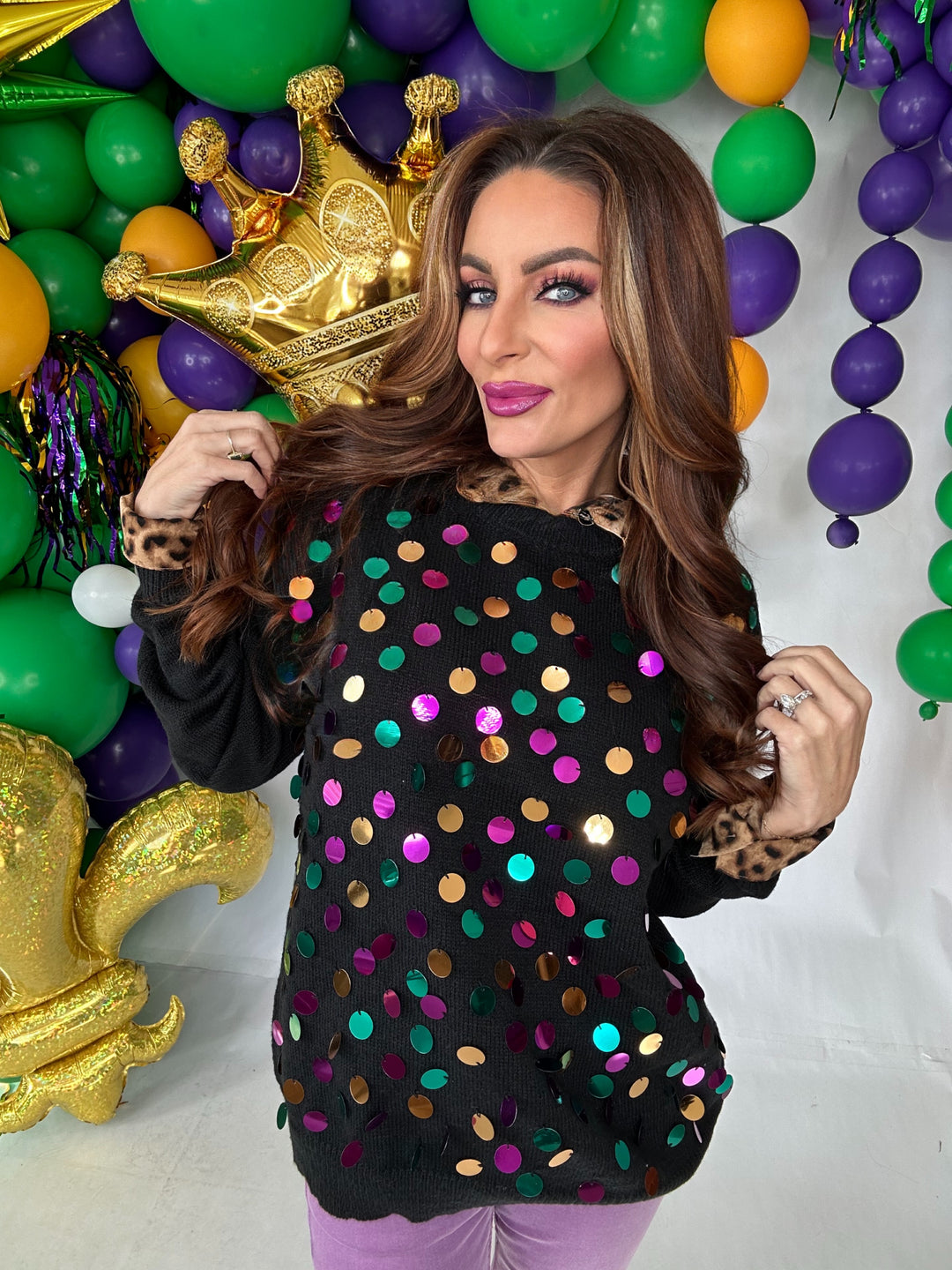 Mardi Gras Colors Spangled Knit Pullover-Tops-Bibi-Shop with Bloom West Boutique, Women's Fashion Boutique, Located in Houma, Louisiana