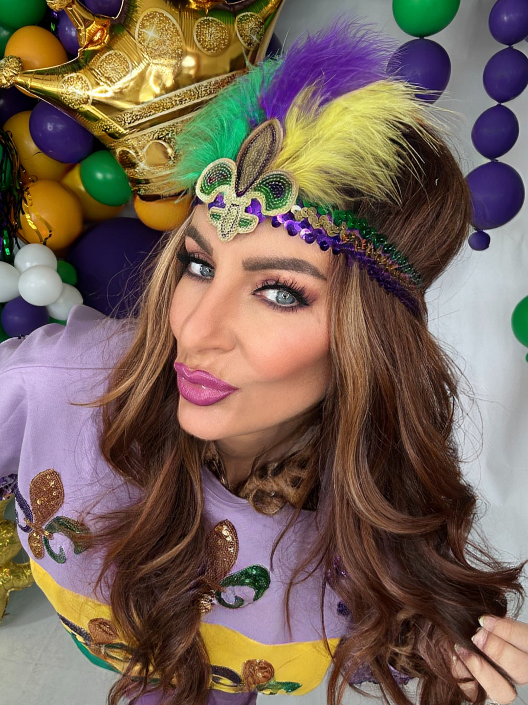 Mardi Gras Fleur De Lis Feather Sequin Headband-Headbands-Wona Trading-Shop with Bloom West Boutique, Women's Fashion Boutique, Located in Houma, Louisiana