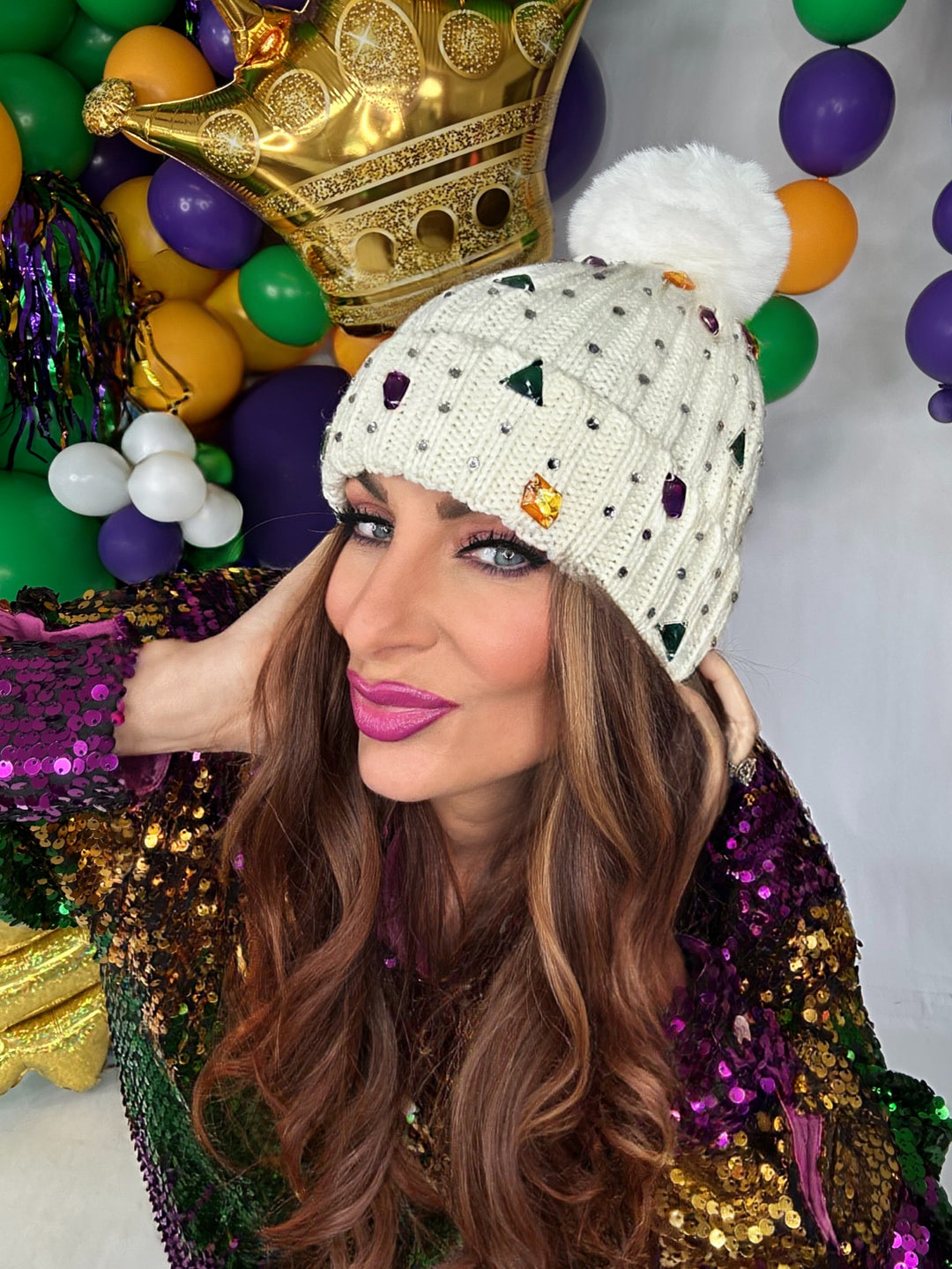 Mardi Gras Gemstone Beanie Hat -Hats-SongLily-Shop with Bloom West Boutique, Women's Fashion Boutique, Located in Houma, Louisiana