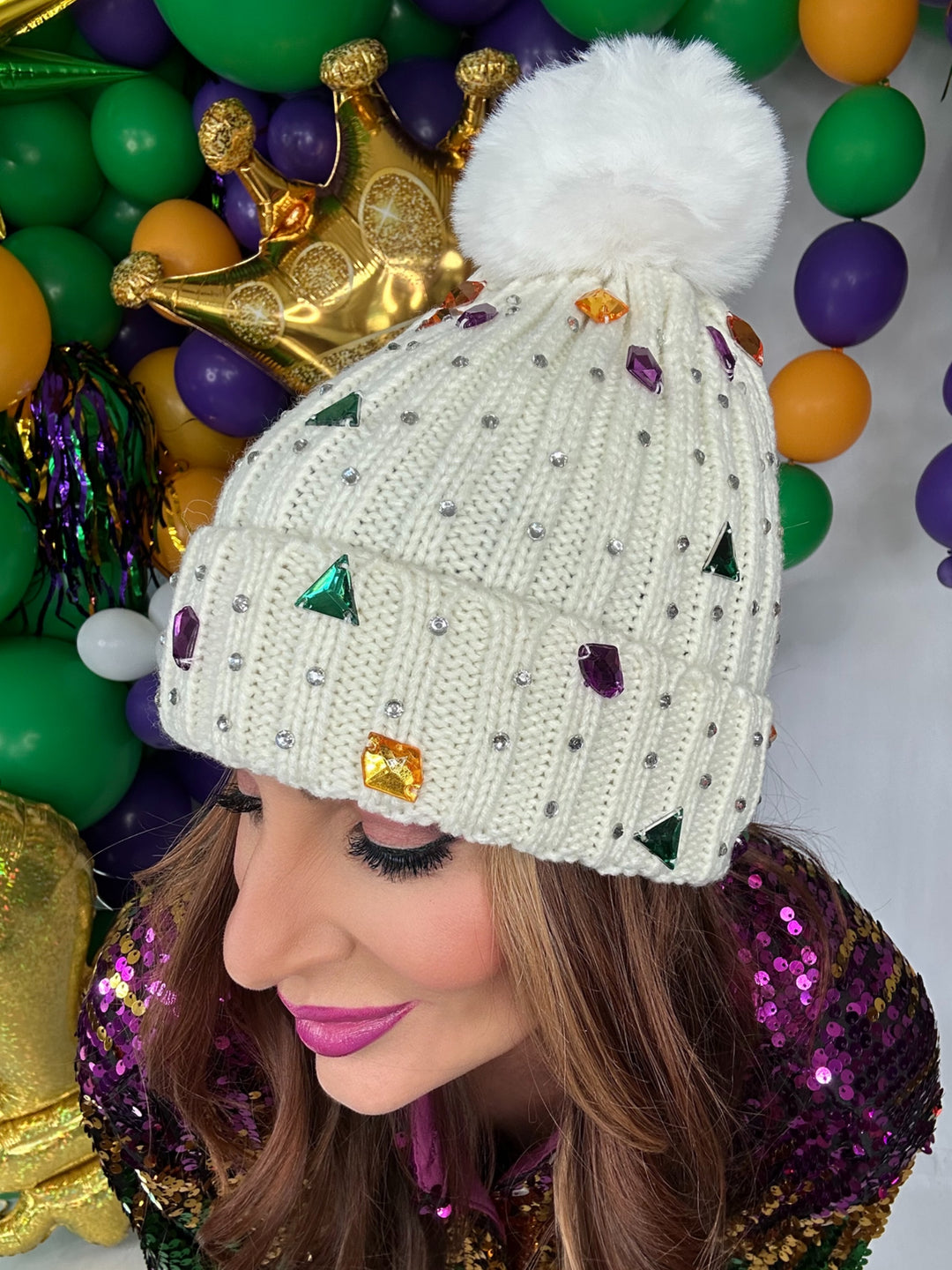 Mardi Gras Gemstone Beanie Hat -Hats-SongLily-Shop with Bloom West Boutique, Women's Fashion Boutique, Located in Houma, Louisiana