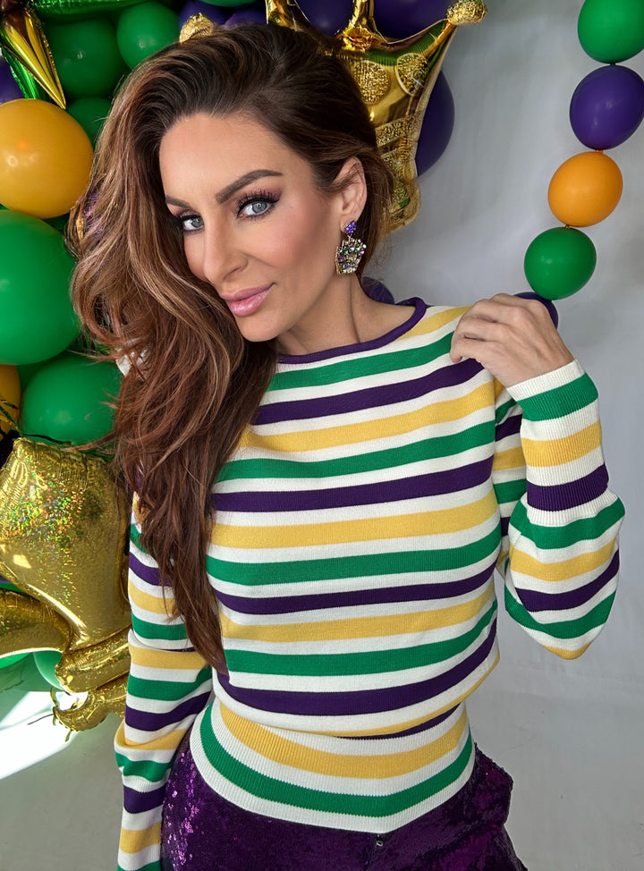 Mardi Gras Striped Soft Long Sleeves Sweater Top-Tops-LovLov-Shop with Bloom West Boutique, Women's Fashion Boutique, Located in Houma, Louisiana