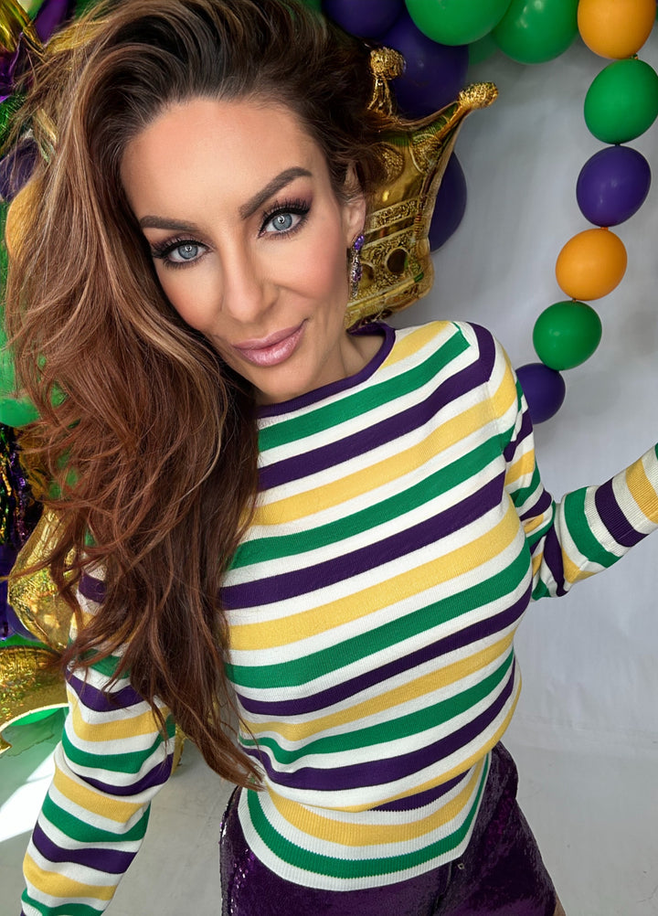 Mardi Gras Striped Soft Long Sleeves Sweater Top-Tops-LovLov-Shop with Bloom West Boutique, Women's Fashion Boutique, Located in Houma, Louisiana