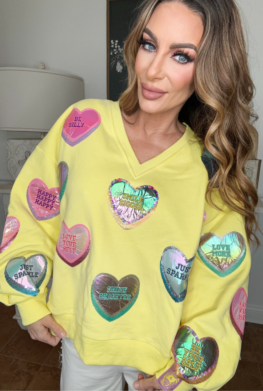 Queen Of Sparkles Yellow Candy Hearts Sweater-QOS Tops-Queen Of Sparkles-Shop with Bloom West Boutique, Women's Fashion Boutique, Located in Houma, Louisiana