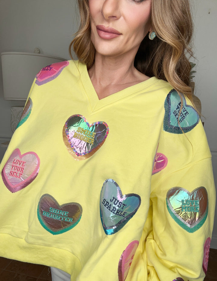 Queen Of Sparkles Yellow Candy Hearts Sweater-QOS Tops-Queen Of Sparkles-Shop with Bloom West Boutique, Women's Fashion Boutique, Located in Houma, Louisiana