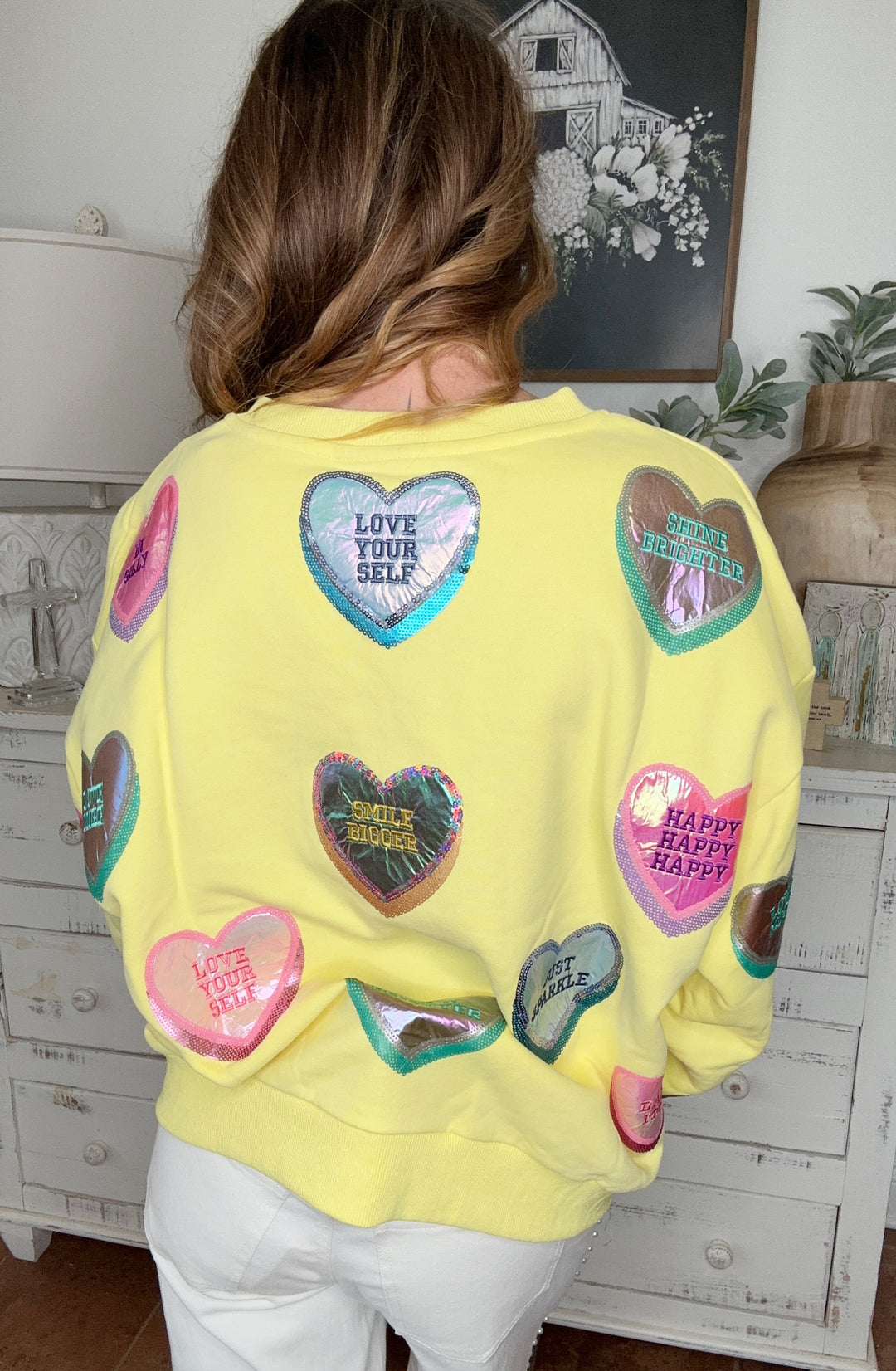 Queen Of Sparkles Yellow Candy Hearts Sweater-QOS Tops-Queen Of Sparkles-Shop with Bloom West Boutique, Women's Fashion Boutique, Located in Houma, Louisiana