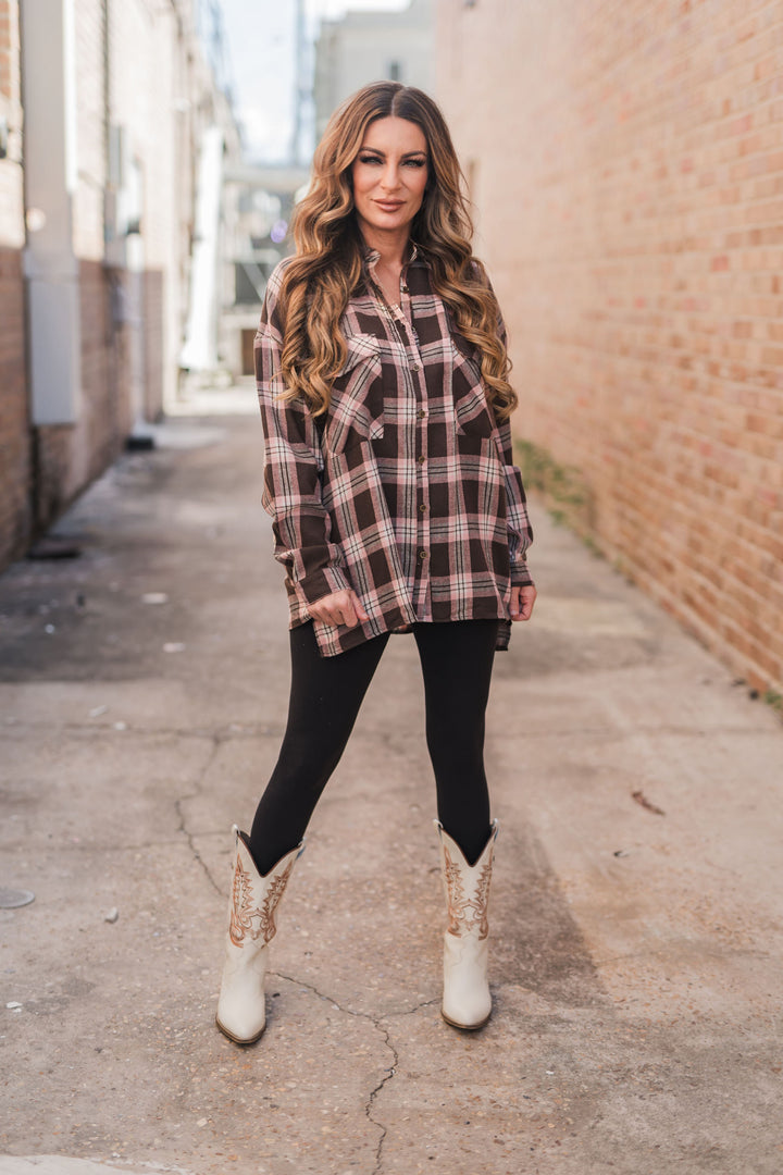 Addyson Camel Plaid Top-Tops-Entro-Shop with Bloom West Boutique, Women's Fashion Boutique, Located in Houma, Louisiana