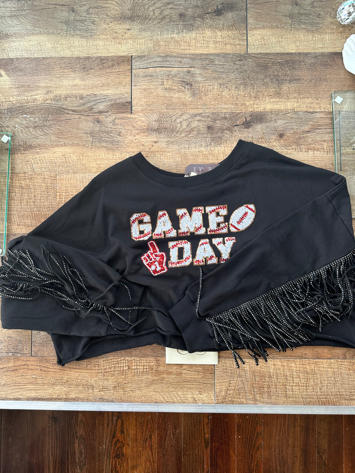 Sequin Game Day Patch Fringed Sweatshirt Black-Graphic Sweaters-Peach Love-Shop with Bloom West Boutique, Women's Fashion Boutique, Located in Houma, Louisiana