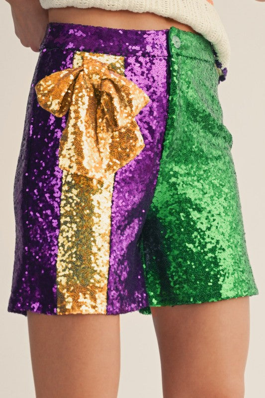Mardi Gras Oversized Gold Sequin Bow Shorts Pre Order-Shorts-LovLov-Shop with Bloom West Boutique, Women's Fashion Boutique, Located in Houma, Louisiana