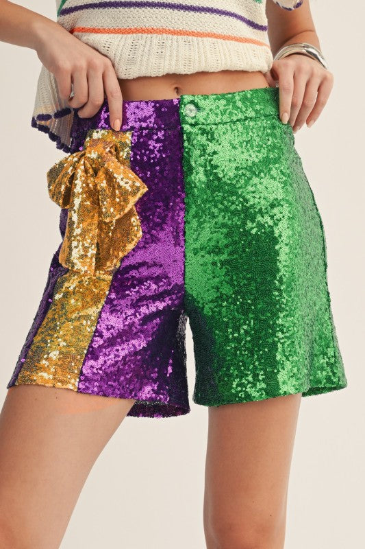 Mardi Gras Oversized Gold Sequin Bow Shorts Pre Order-Shorts-LovLov-Shop with Bloom West Boutique, Women's Fashion Boutique, Located in Houma, Louisiana