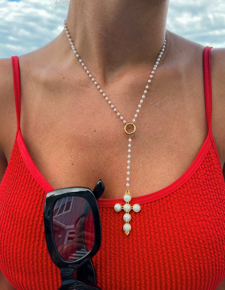 LARIAT PEARL CROSS NECKLACE-Chansuttpearls-Shop with Bloom West Boutique, Women&