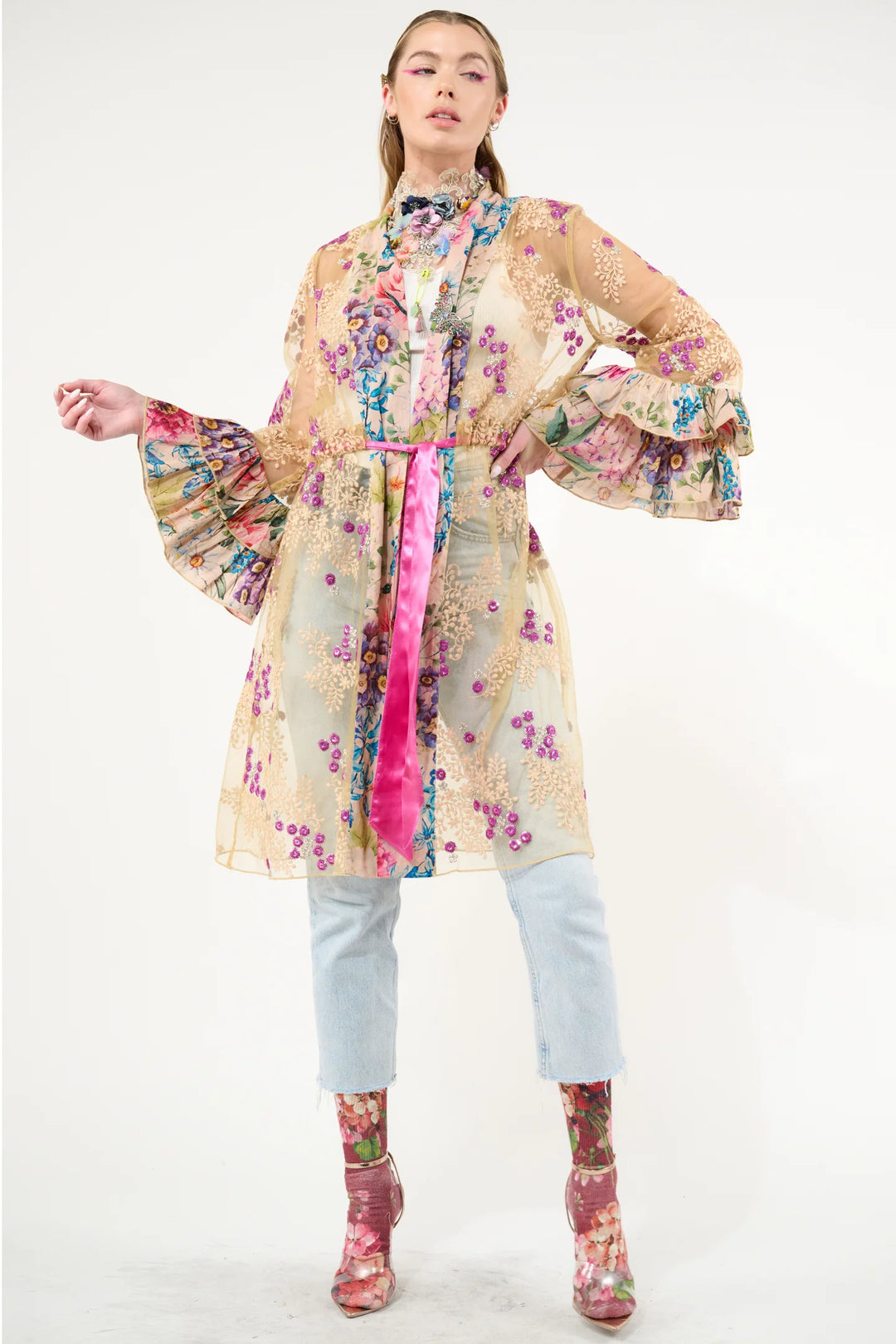 Miss September Embellished Mesh Kimono-Tops-Aratta-Shop with Bloom West Boutique, Women's Fashion Boutique, Located in Houma, Louisiana