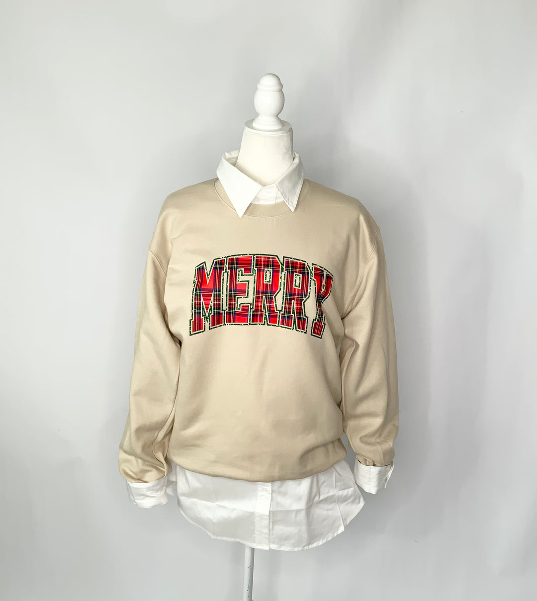 Merry Plaid Sweatshirt-Sand-Tops-Bloom West Boutique-Shop with Bloom West Boutique, Women's Fashion Boutique, Located in Houma, Louisiana