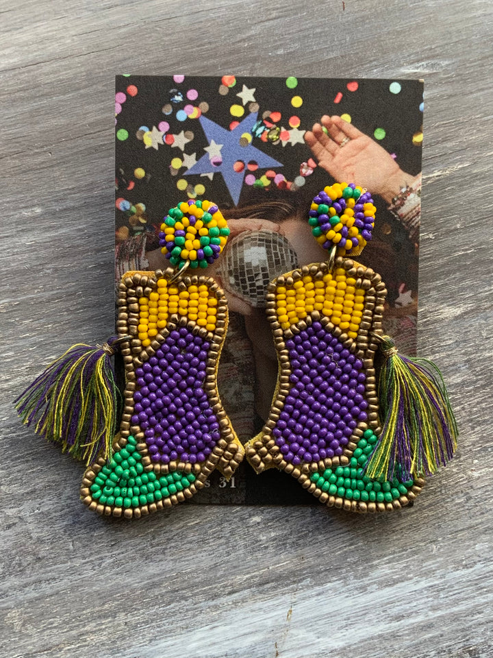 Mardi Gras beaded marching boot earrings-Earrings-SongLily-Shop with Bloom West Boutique, Women's Fashion Boutique, Located in Houma, Louisiana
