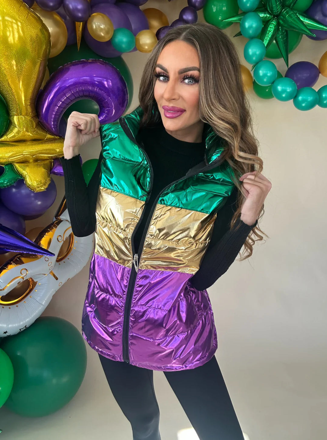 Mardi Gras Color Block Puffer Vest-Jackets-Wona Trading-Shop with Bloom West Boutique, Women's Fashion Boutique, Located in Houma, Louisiana
