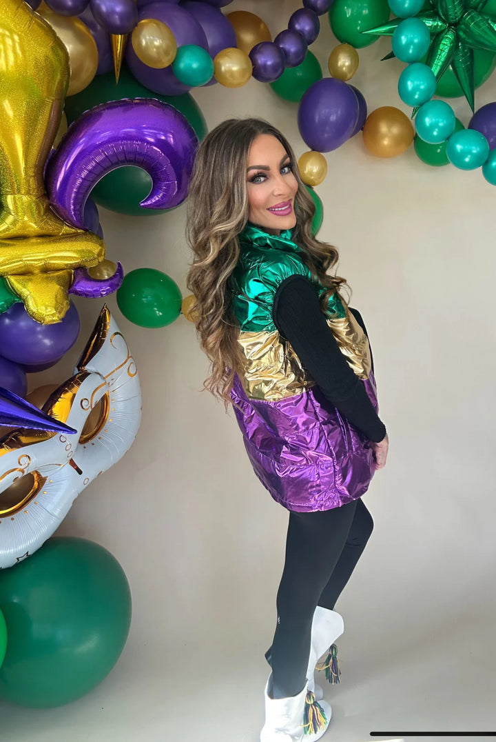 Mardi Gras Color Block Puffer Vest-Jackets-Wona Trading-Shop with Bloom West Boutique, Women's Fashion Boutique, Located in Houma, Louisiana